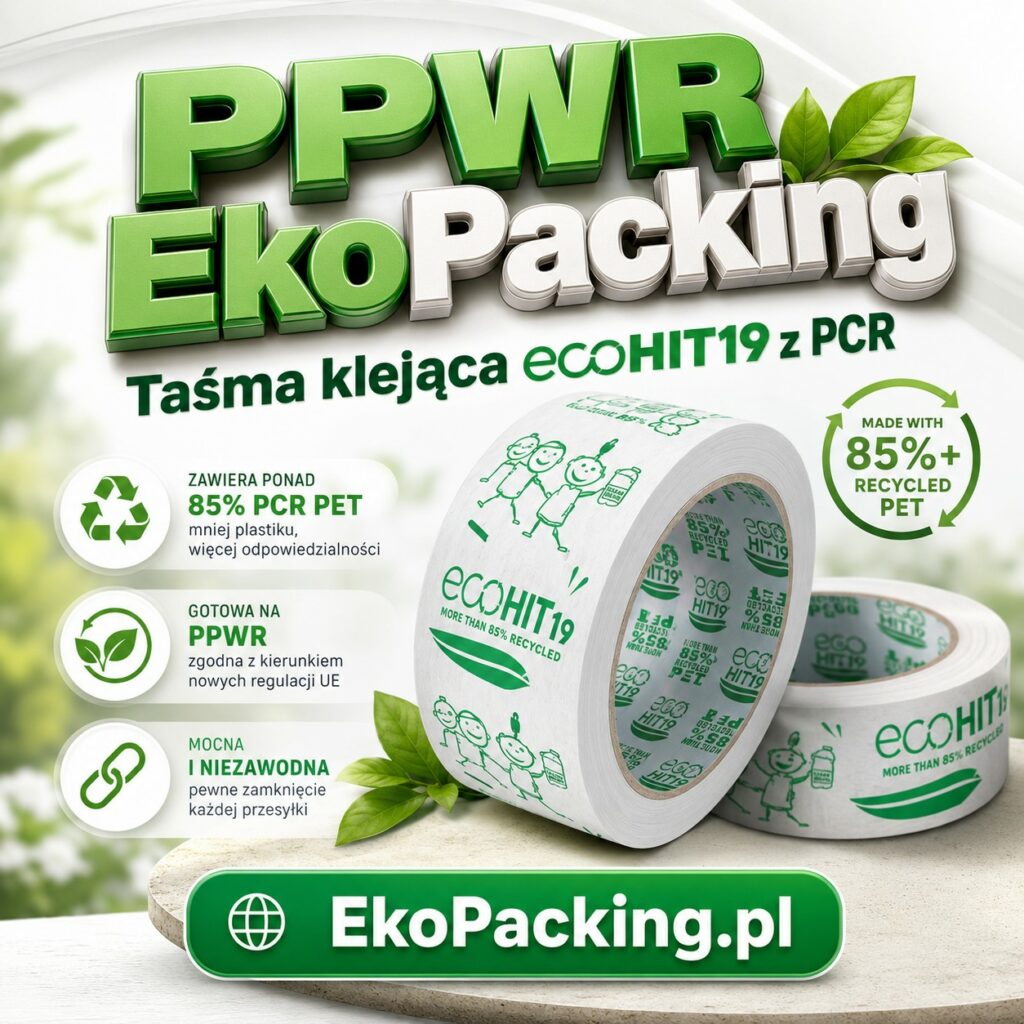 ecoHIT19 to taśma pakowa BOPET wykonana w minimum 85% z recyklingu butelek PET, z klejem hot-melt bez rozpuszczalników. Sprawdź korzyści dla e-commerce, magazynów i firm przygotowujących pakowanie kartonów do PPWR.
